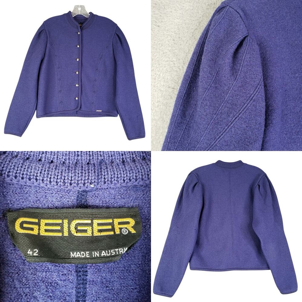 Geiger Austria Sweater Cardigan Wool 42 US Large Womens Purple Puff Sleeve Vtg